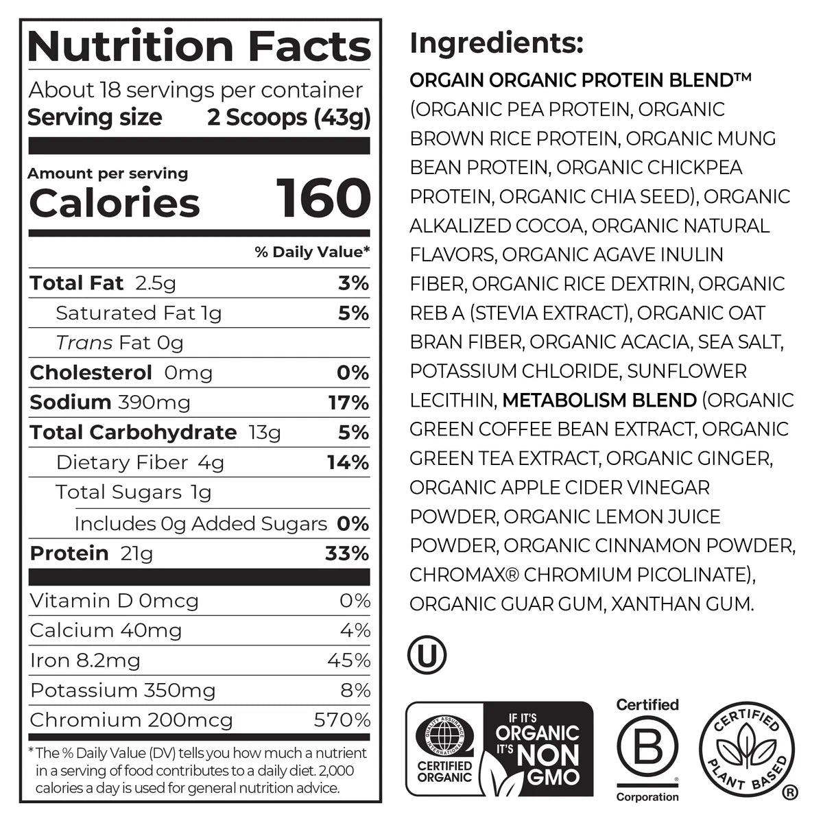 Organic Protein Powder + Metabolism Blend Creamy Chocolate Fudge